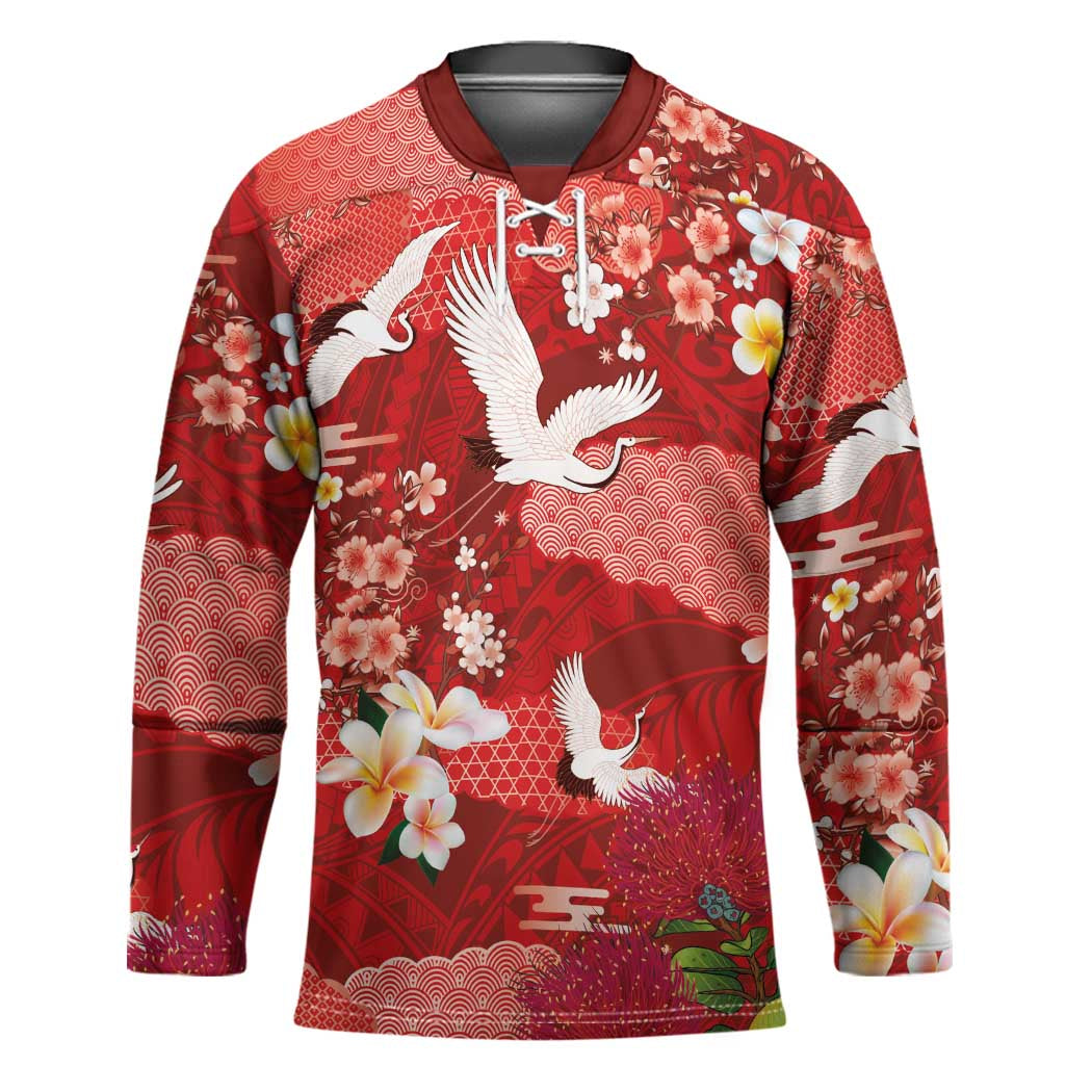 Hawaiian and Japanese Culture Together Hockey Jersey Red Ohia Lehua Plumeria and Sakura Blooming - Polynesian Pride