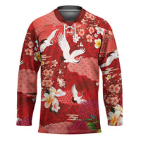 Hawaiian and Japanese Culture Together Hockey Jersey Red Ohia Lehua Plumeria and Sakura Blooming - Polynesian Pride