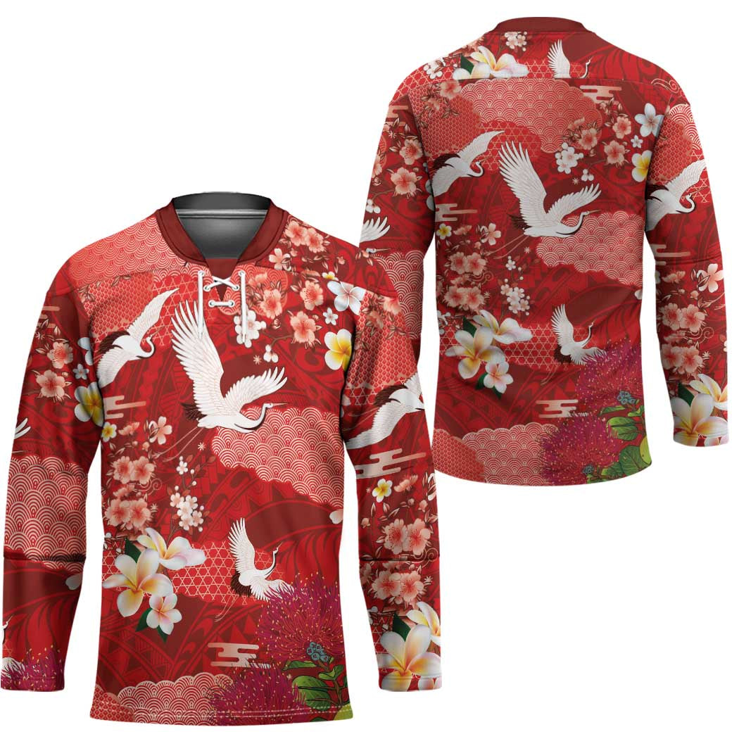 Hawaiian and Japanese Culture Together Hockey Jersey Red Ohia Lehua Plumeria and Sakura Blooming - Polynesian Pride