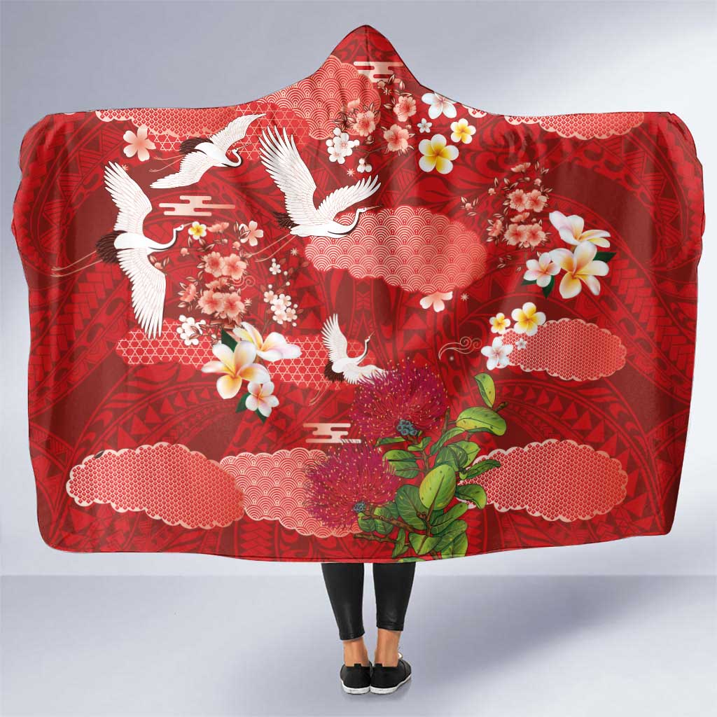 Hawaiian and Japanese Culture Together Hooded Blanket Red Ohia Lehua Plumeria and Sakura Blooming - Polynesian Pride