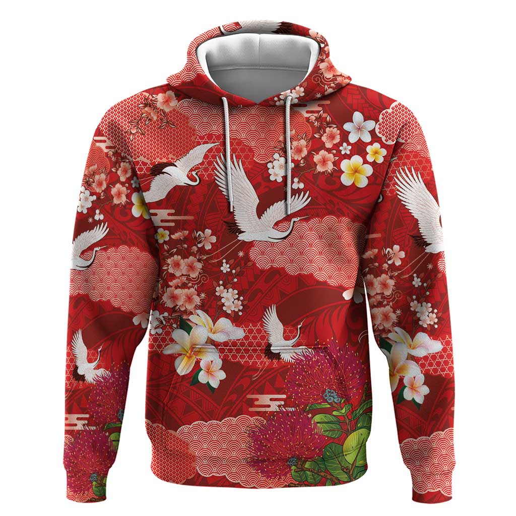 Hawaiian and Japanese Culture Together Hoodie Red Ohia Lehua Plumeria and Sakura Blooming - Polynesian Pride