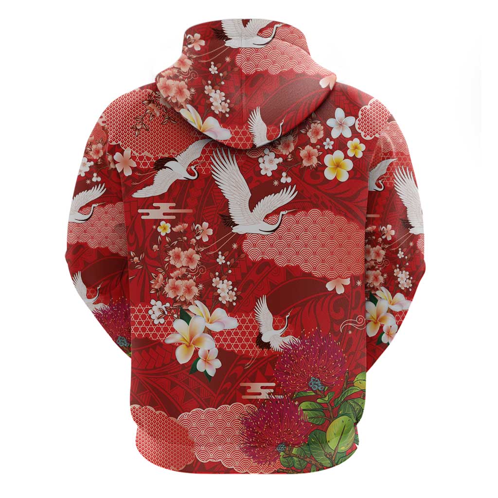 Hawaiian and Japanese Culture Together Hoodie Red Ohia Lehua Plumeria and Sakura Blooming - Polynesian Pride