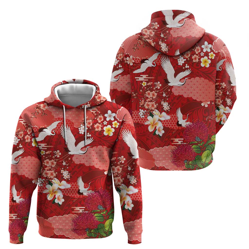 Hawaiian and Japanese Culture Together Hoodie Red Ohia Lehua Plumeria and Sakura Blooming - Polynesian Pride