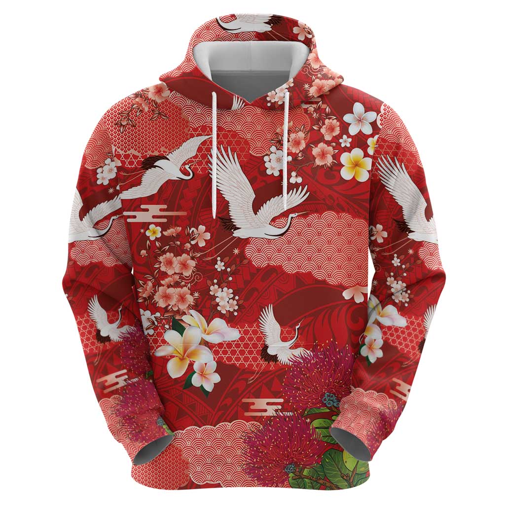 Hawaiian and Japanese Culture Together Hoodie Red Ohia Lehua Plumeria and Sakura Blooming - Polynesian Pride