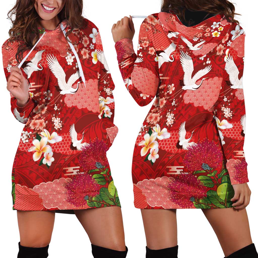 Hawaiian and Japanese Culture Together Hoodie Dress Red Ohia Lehua Plumeria and Sakura Blooming - Polynesian Pride
