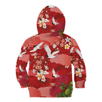 Hawaiian and Japanese Culture Together Kid Hoodie Red Ohia Lehua Plumeria and Sakura Blooming - Polynesian Pride