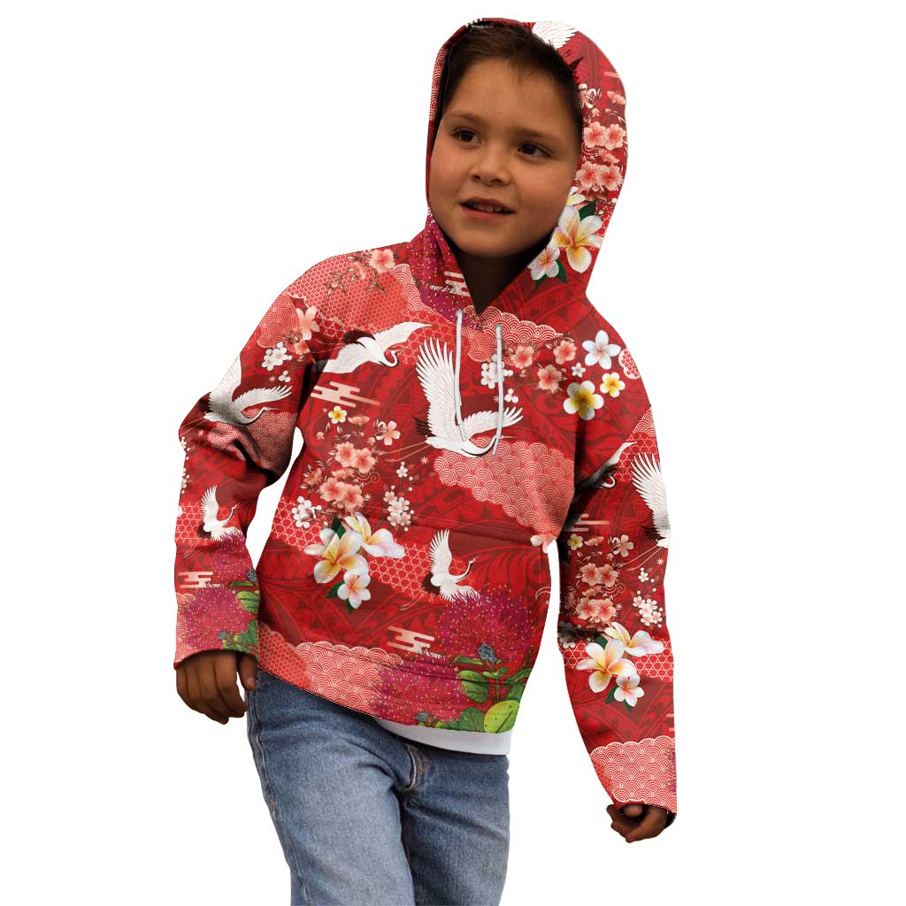Hawaiian and Japanese Culture Together Kid Hoodie Red Ohia Lehua Plumeria and Sakura Blooming - Polynesian Pride