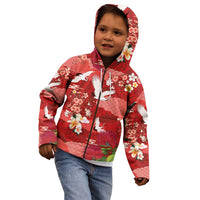 Hawaiian and Japanese Culture Together Kid Hoodie Red Ohia Lehua Plumeria and Sakura Blooming - Polynesian Pride