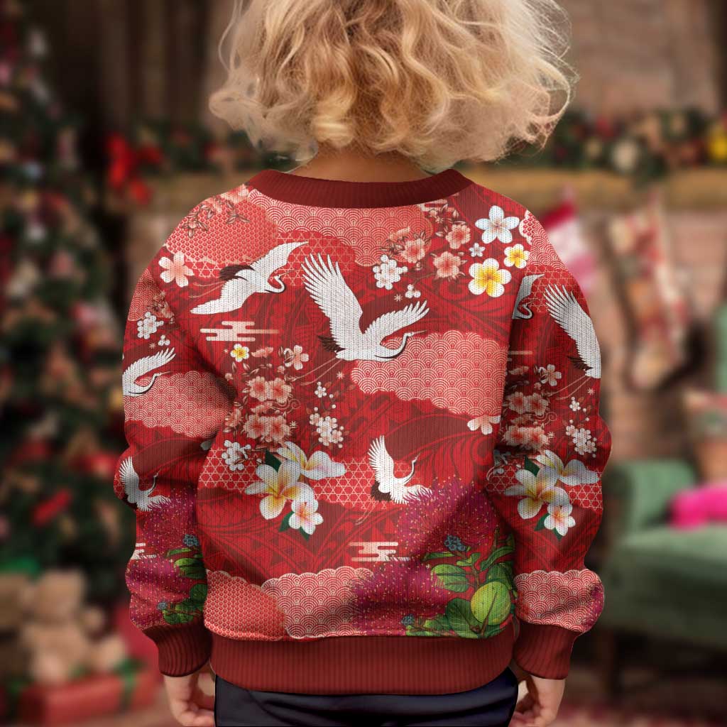 Hawaiian and Japanese Culture Together Kid Ugly Christmas Sweater Red Ohia Lehua Plumeria and Sakura Blooming - Polynesian Pride