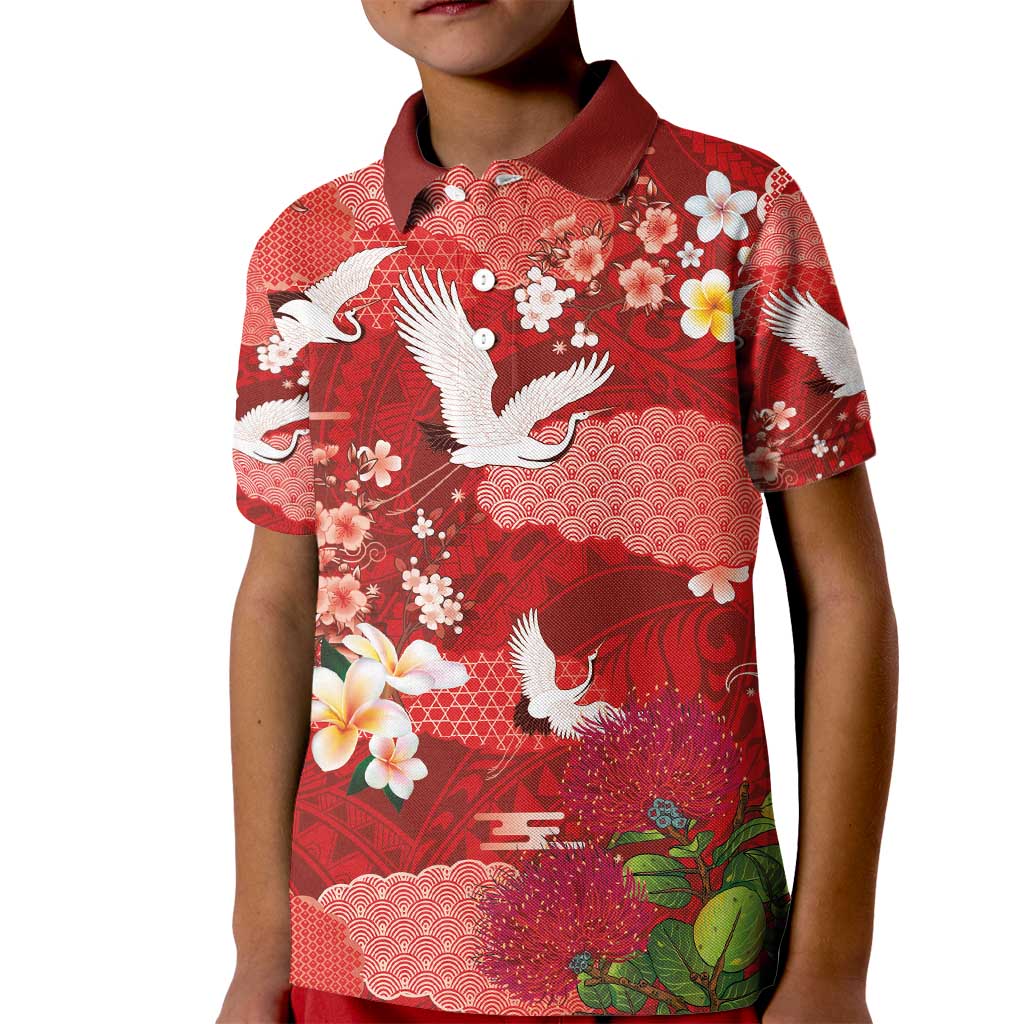 Hawaiian and Japanese Culture Together Kid Polo Shirt Red Ohia Lehua Plumeria and Sakura Blooming - Polynesian Pride
