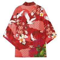 Hawaiian and Japanese Culture Together Kimono Red Ohia Lehua Plumeria and Sakura Blooming - Polynesian Pride
