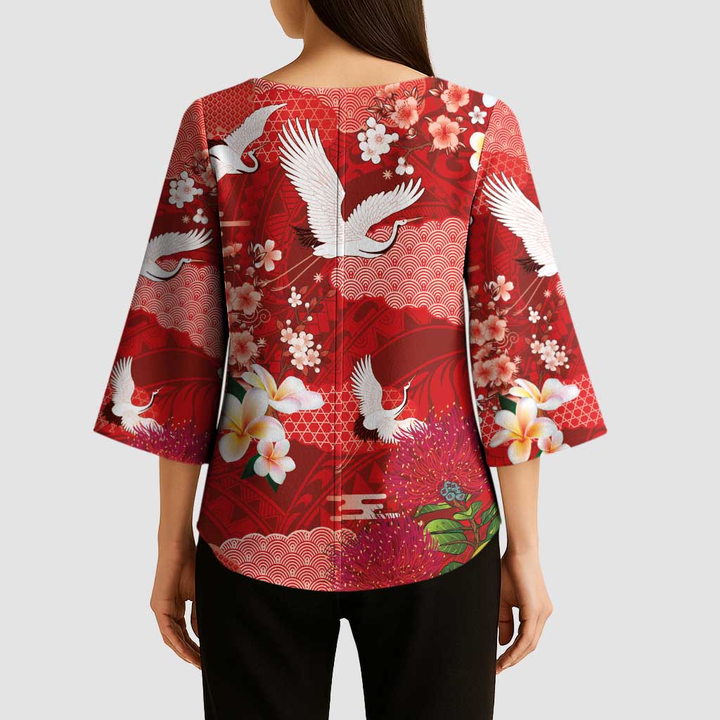 Hawaiian and Japanese Culture Together Kimono Sleeve Blouse Red Ohia Lehua Plumeria and Sakura Blooming - Polynesian Pride
