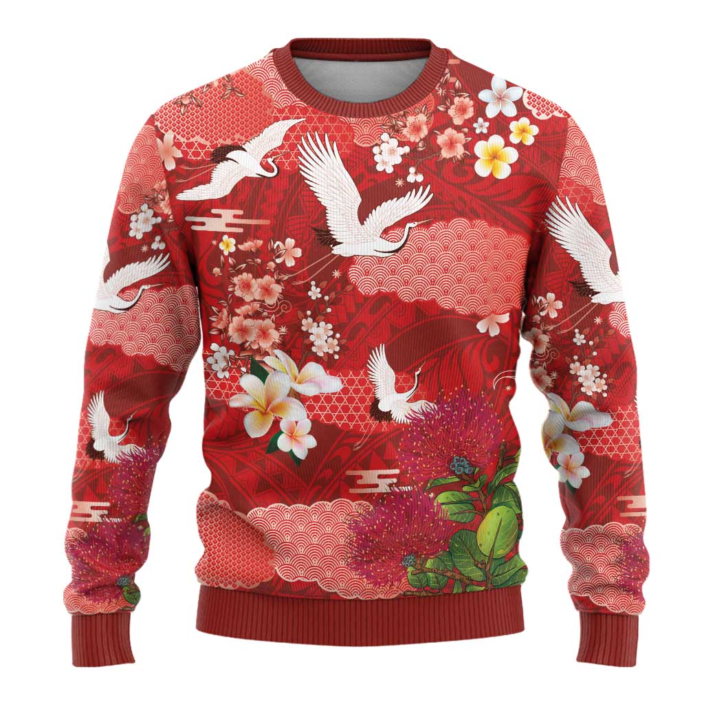 Hawaiian and Japanese Culture Together Ugly Christmas Sweater Red Ohia Lehua Plumeria and Sakura Blooming - Polynesian Pride