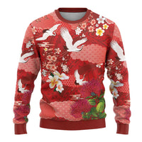 Hawaiian and Japanese Culture Together Ugly Christmas Sweater Red Ohia Lehua Plumeria and Sakura Blooming - Polynesian Pride