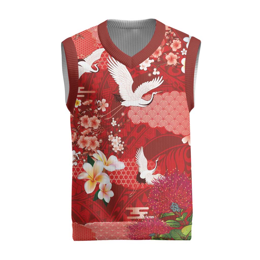 Hawaiian and Japanese Culture Together Christmas Knitted V-Neck Vest Red Ohia Lehua Plumeria and Sakura Blooming - Polynesian Pride