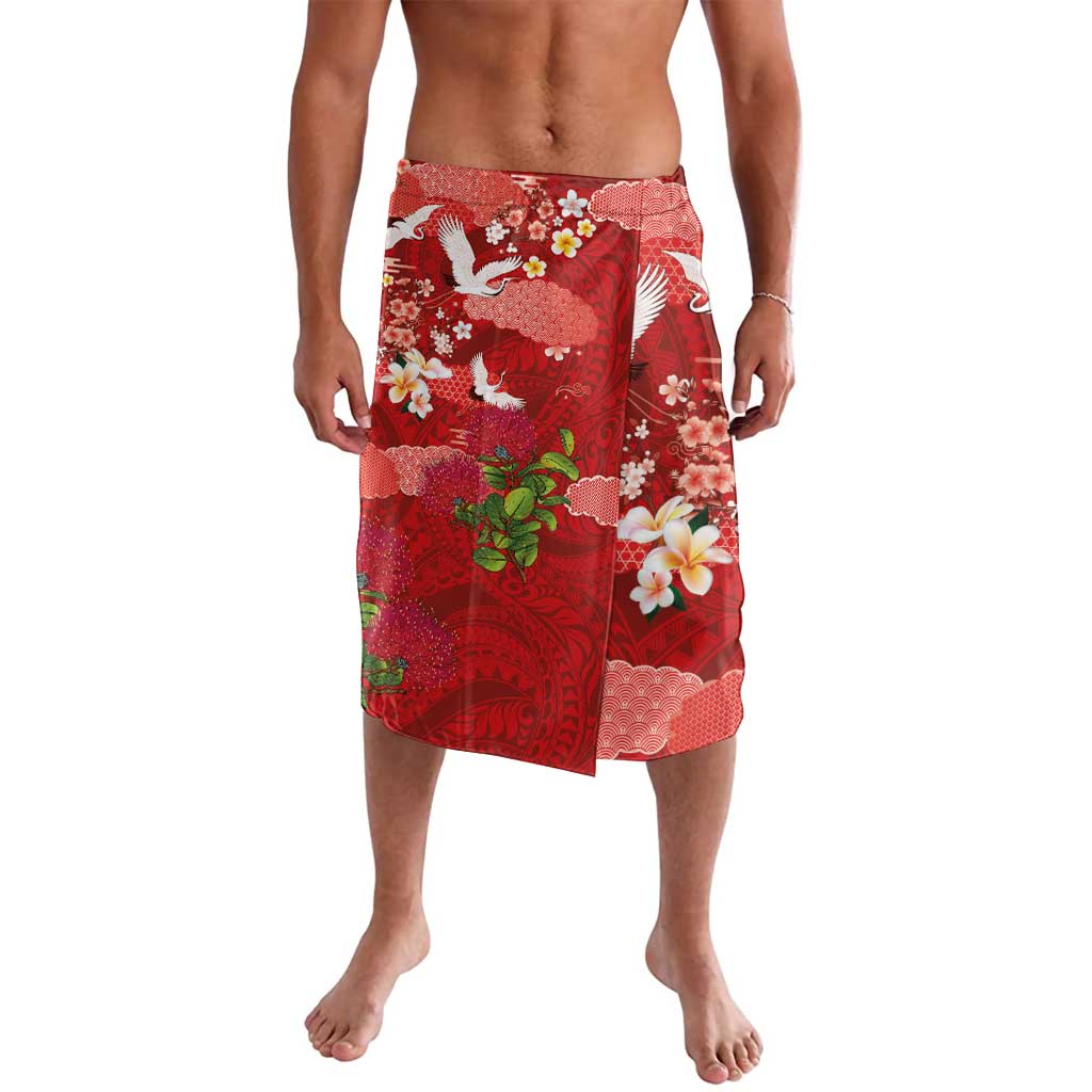 Hawaiian and Japanese Culture Together Lavalava Red Ohia Lehua Plumeria and Sakura Blooming - Polynesian Pride
