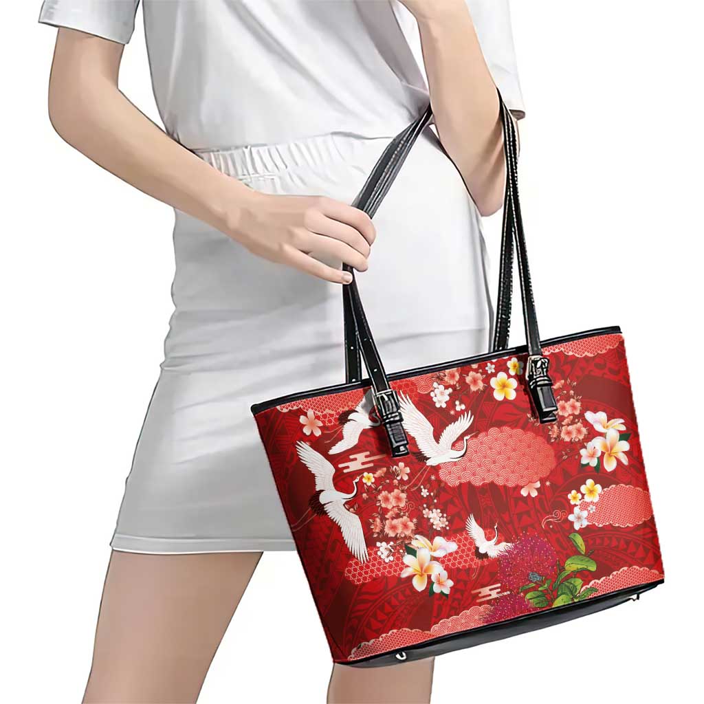 Hawaiian and Japanese Culture Together Leather Tote Bag Red Ohia Lehua Plumeria and Sakura Blooming - Polynesian Pride