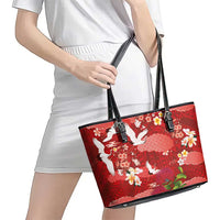 Hawaiian and Japanese Culture Together Leather Tote Bag Red Ohia Lehua Plumeria and Sakura Blooming - Polynesian Pride