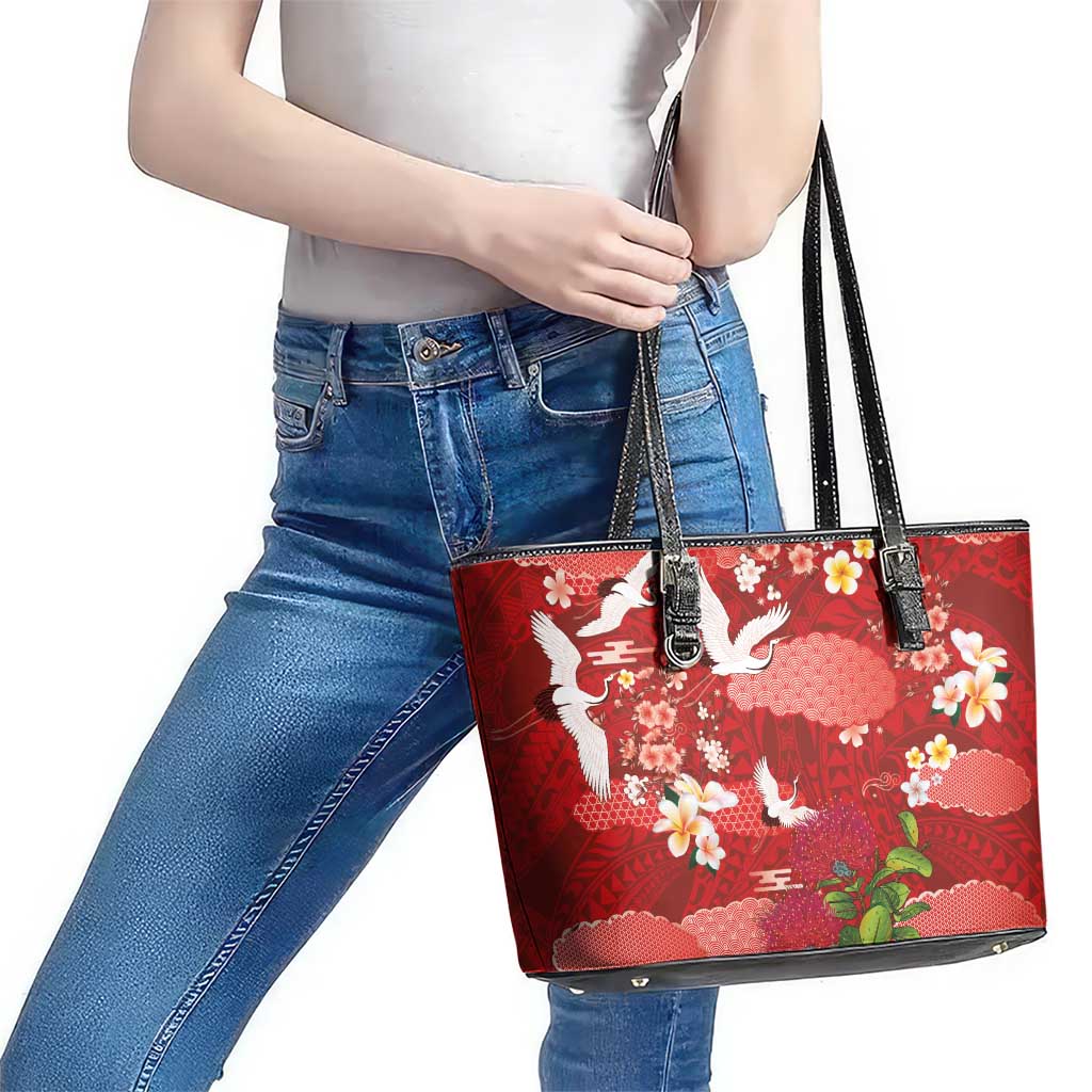 Hawaiian and Japanese Culture Together Leather Tote Bag Red Ohia Lehua Plumeria and Sakura Blooming - Polynesian Pride