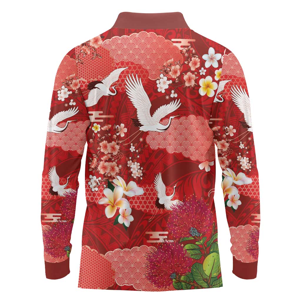 Hawaiian and Japanese Culture Together Long Sleeve Polo Shirt Red Ohia Lehua Plumeria and Sakura Blooming - Polynesian Pride