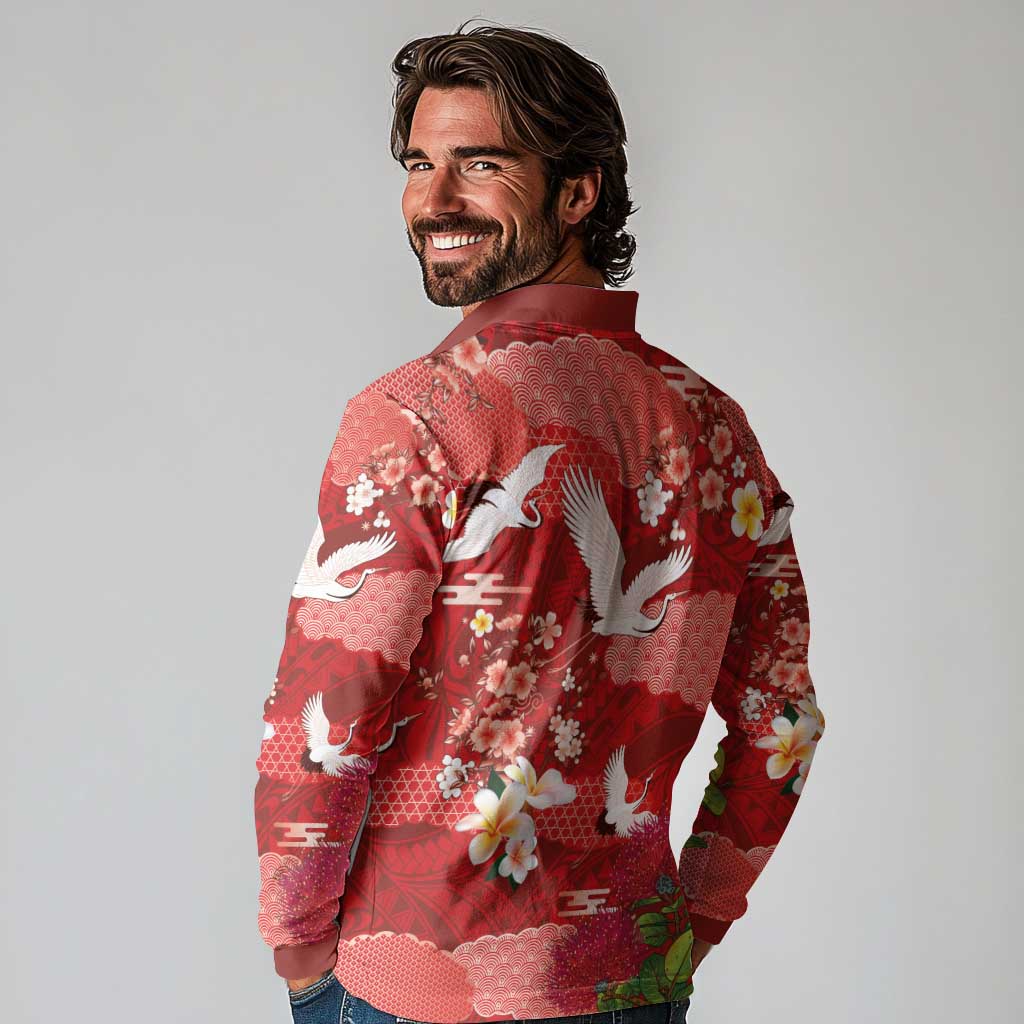 Hawaiian and Japanese Culture Together Long Sleeve Polo Shirt Red Ohia Lehua Plumeria and Sakura Blooming - Polynesian Pride
