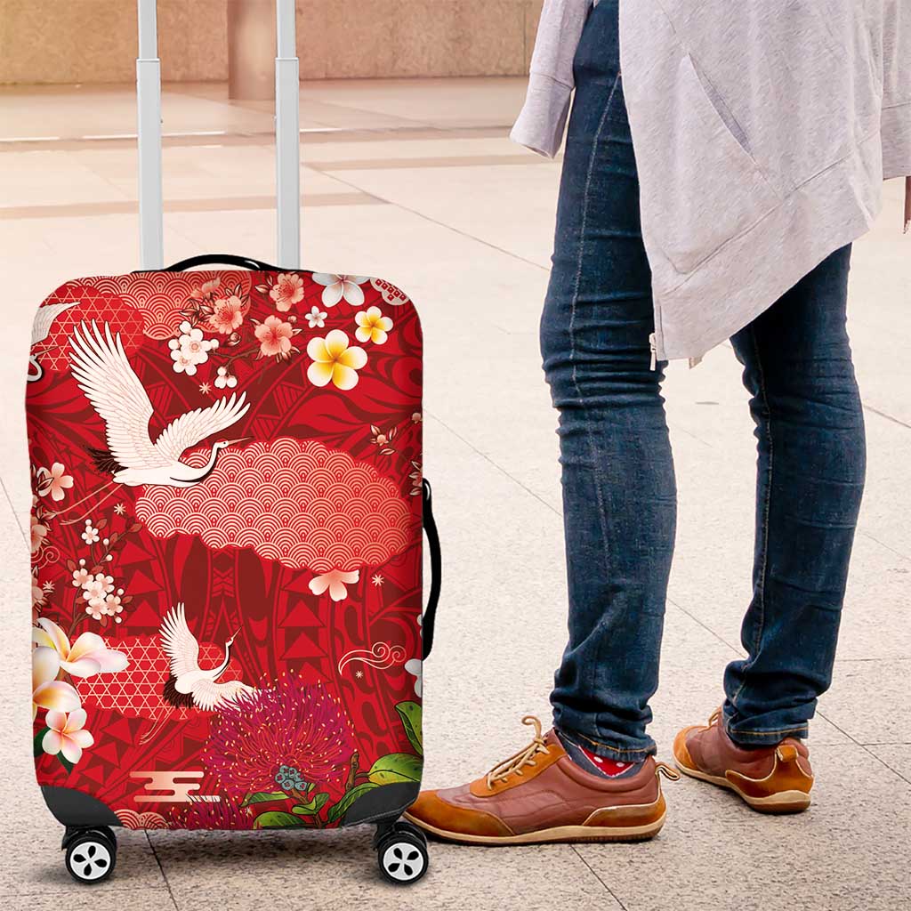 Hawaiian and Japanese Culture Together Luggage Cover Red Ohia Lehua Plumeria and Sakura Blooming - Polynesian Pride