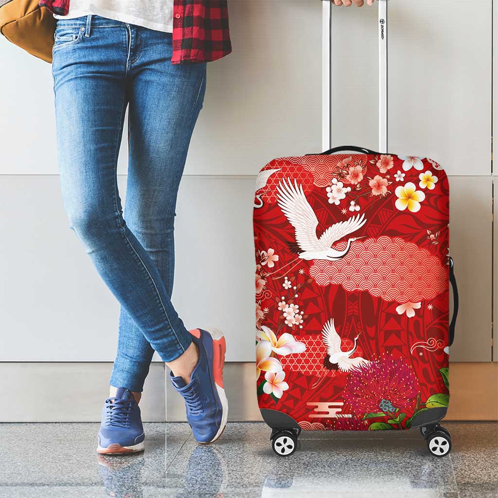 Hawaiian and Japanese Culture Together Luggage Cover Red Ohia Lehua Plumeria and Sakura Blooming - Polynesian Pride