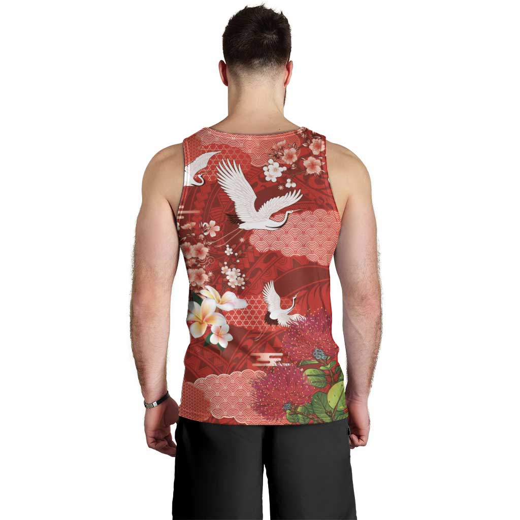 Hawaiian and Japanese Culture Together Men Tank Top Red Ohia Lehua Plumeria and Sakura Blooming - Polynesian Pride