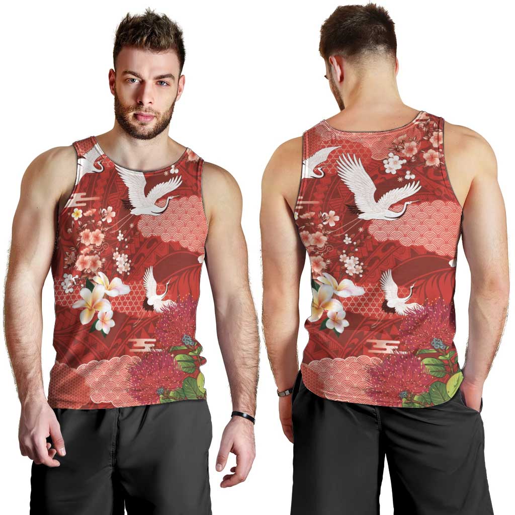 Hawaiian and Japanese Culture Together Men Tank Top Red Ohia Lehua Plumeria and Sakura Blooming - Polynesian Pride