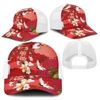 Hawaiian and Japanese Culture Together Mesh Trucker Cap Red Ohia Lehua Plumeria and Sakura Blooming - Polynesian Pride