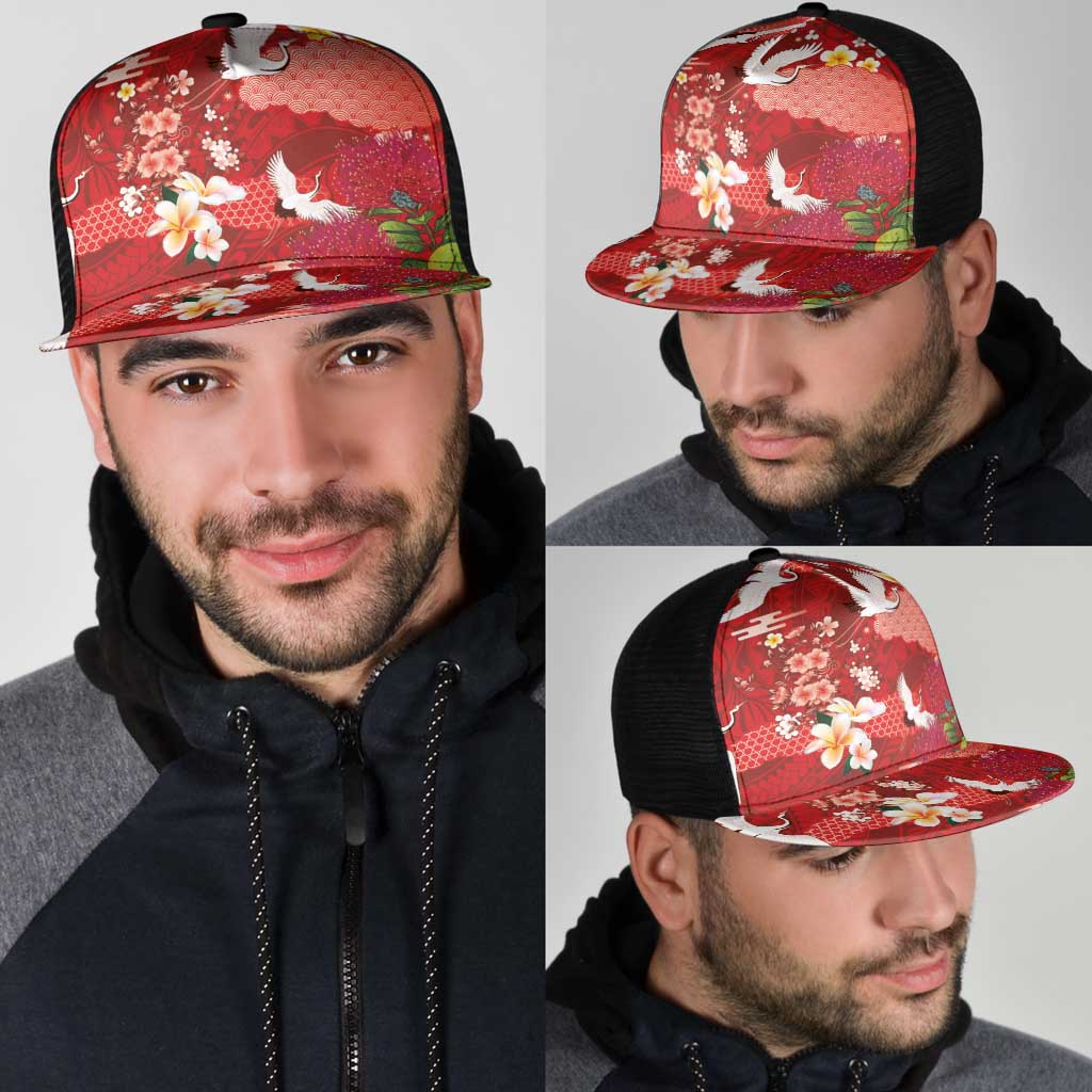 Hawaiian and Japanese Culture Together Mesh Trucker Cap Red Ohia Lehua Plumeria and Sakura Blooming - Polynesian Pride