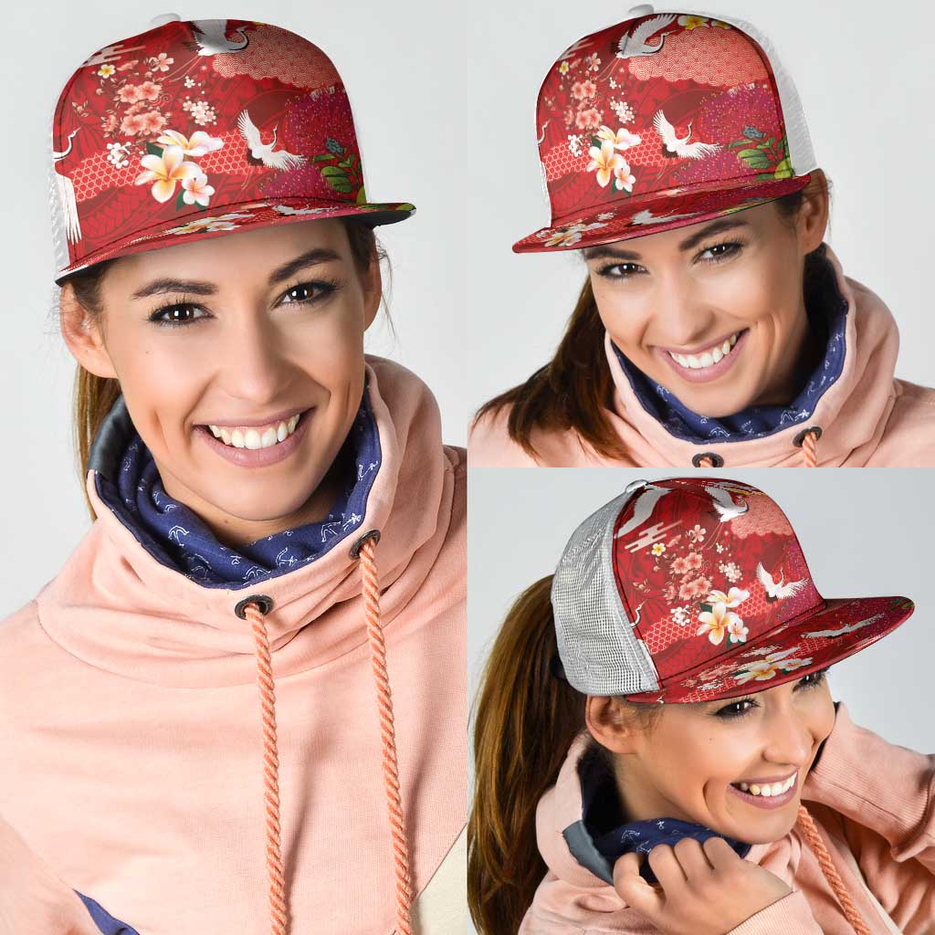 Hawaiian and Japanese Culture Together Mesh Trucker Cap Red Ohia Lehua Plumeria and Sakura Blooming - Polynesian Pride