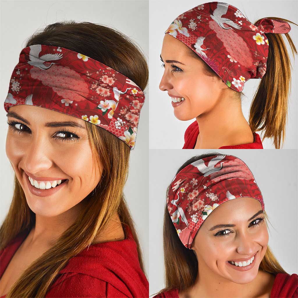 Hawaiian and Japanese Culture Together Neck Gaiter Red Ohia Lehua Plumeria and Sakura Blooming - Polynesian Pride