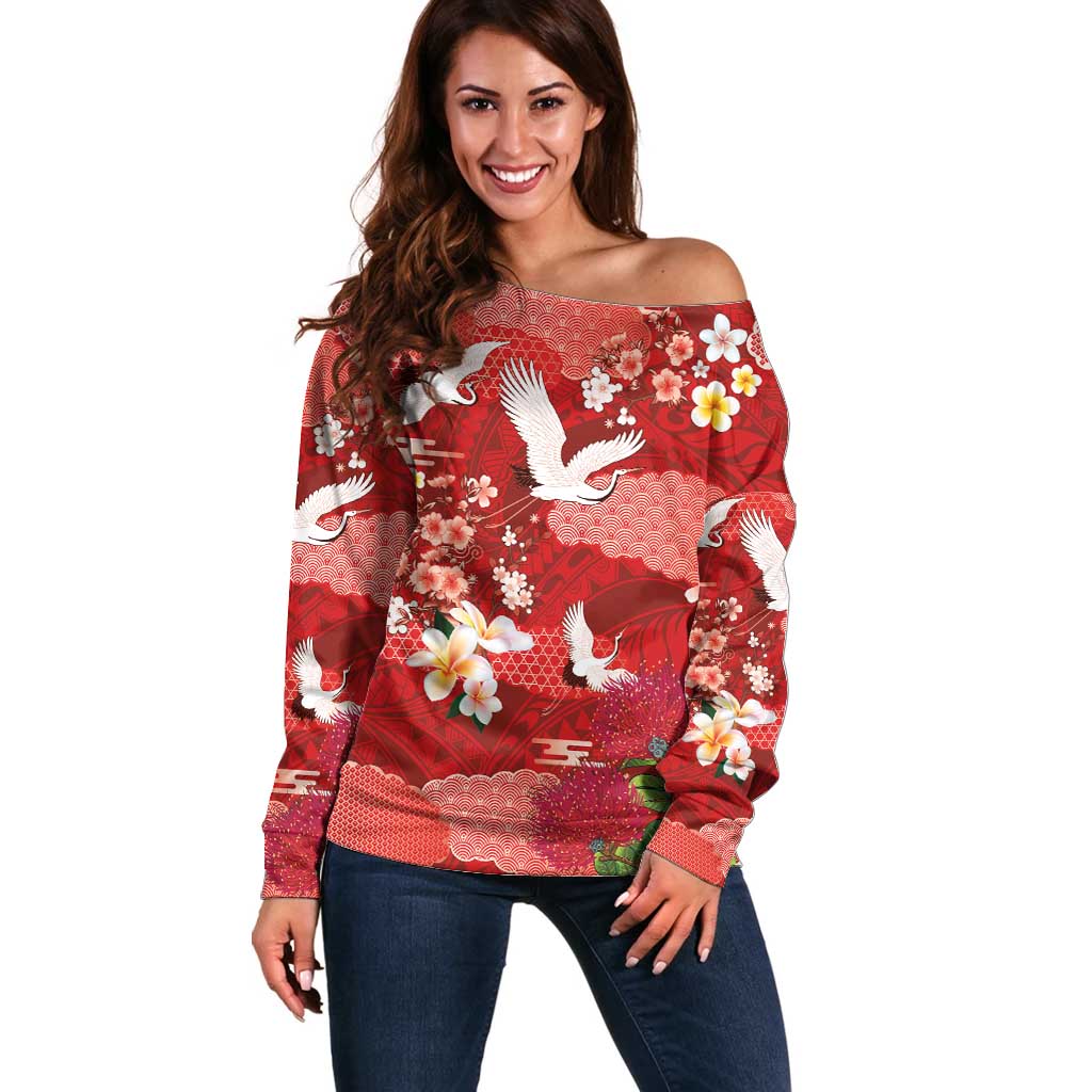 Hawaiian and Japanese Culture Together Off Shoulder Sweater Red Ohia Lehua Plumeria and Sakura Blooming - Polynesian Pride