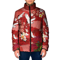 Hawaiian and Japanese Culture Together Padded Jacket Red Ohia Lehua Plumeria and Sakura Blooming - Polynesian Pride