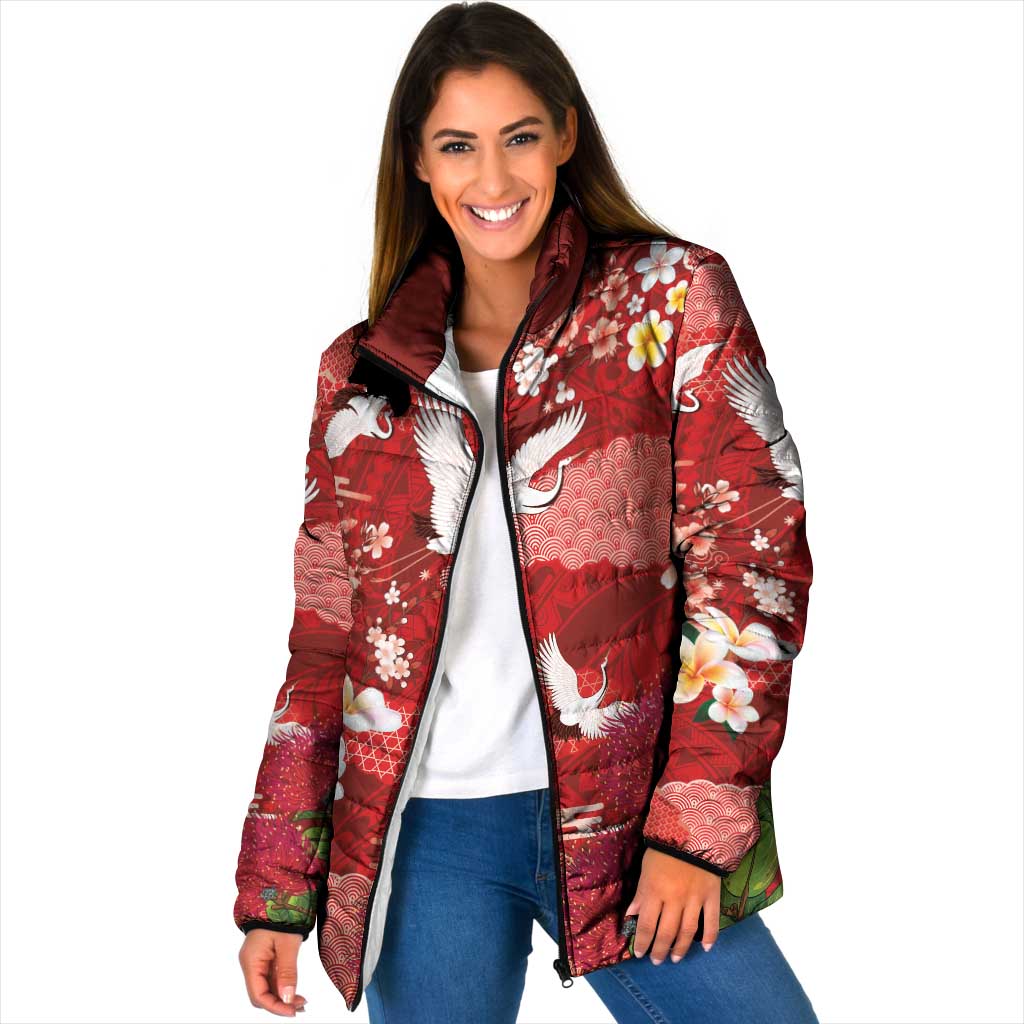 Hawaiian and Japanese Culture Together Padded Jacket Red Ohia Lehua Plumeria and Sakura Blooming - Polynesian Pride