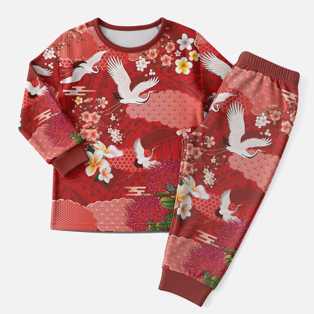 Hawaiian and Japanese Culture Together Christmas Pajama Set Red Ohia Lehua Plumeria and Sakura Blooming - Polynesian Pride