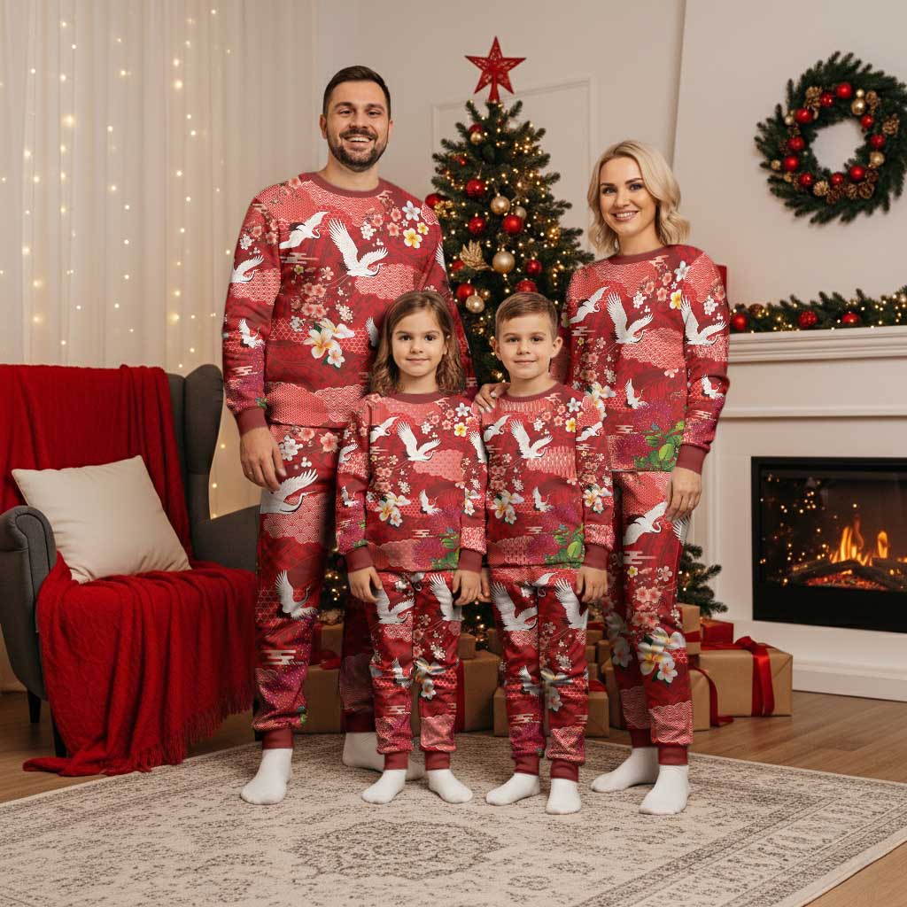 Hawaiian and Japanese Culture Together Christmas Pajama Set Red Ohia Lehua Plumeria and Sakura Blooming - Polynesian Pride