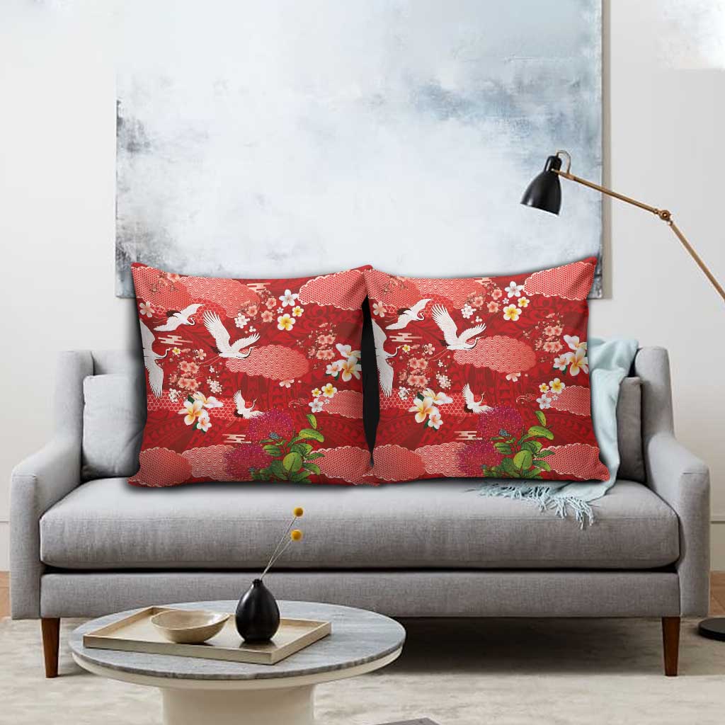 Hawaiian and Japanese Culture Together Pillow Cover Red Ohia Lehua Plumeria and Sakura Blooming - Polynesian Pride