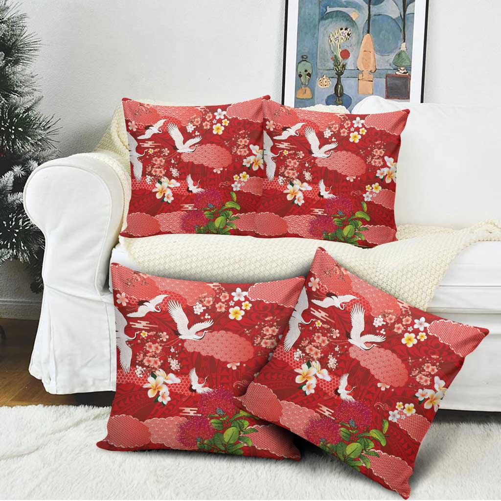 Hawaiian and Japanese Culture Together Pillow Cover Red Ohia Lehua Plumeria and Sakura Blooming - Polynesian Pride