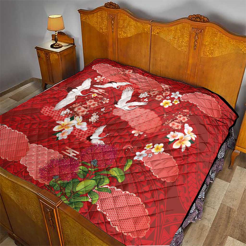 Hawaiian and Japanese Culture Together Quilt Red Ohia Lehua Plumeria and Sakura Blooming - Polynesian Pride