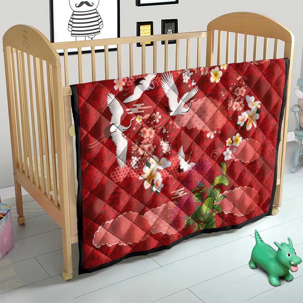 Hawaiian and Japanese Culture Together Quilt Red Ohia Lehua Plumeria and Sakura Blooming - Polynesian Pride