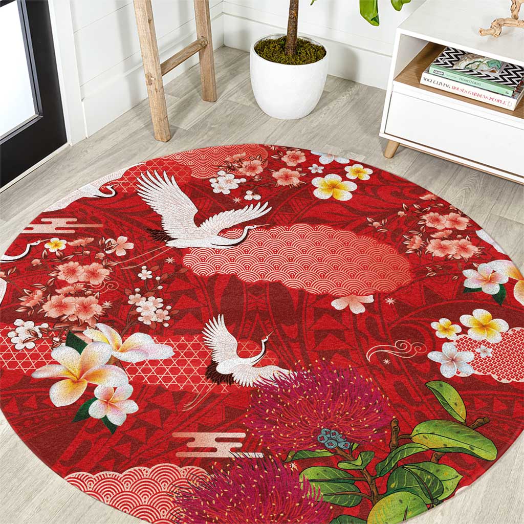 Hawaiian and Japanese Culture Together Round Carpet Red Ohia Lehua Plumeria and Sakura Blooming - Polynesian Pride