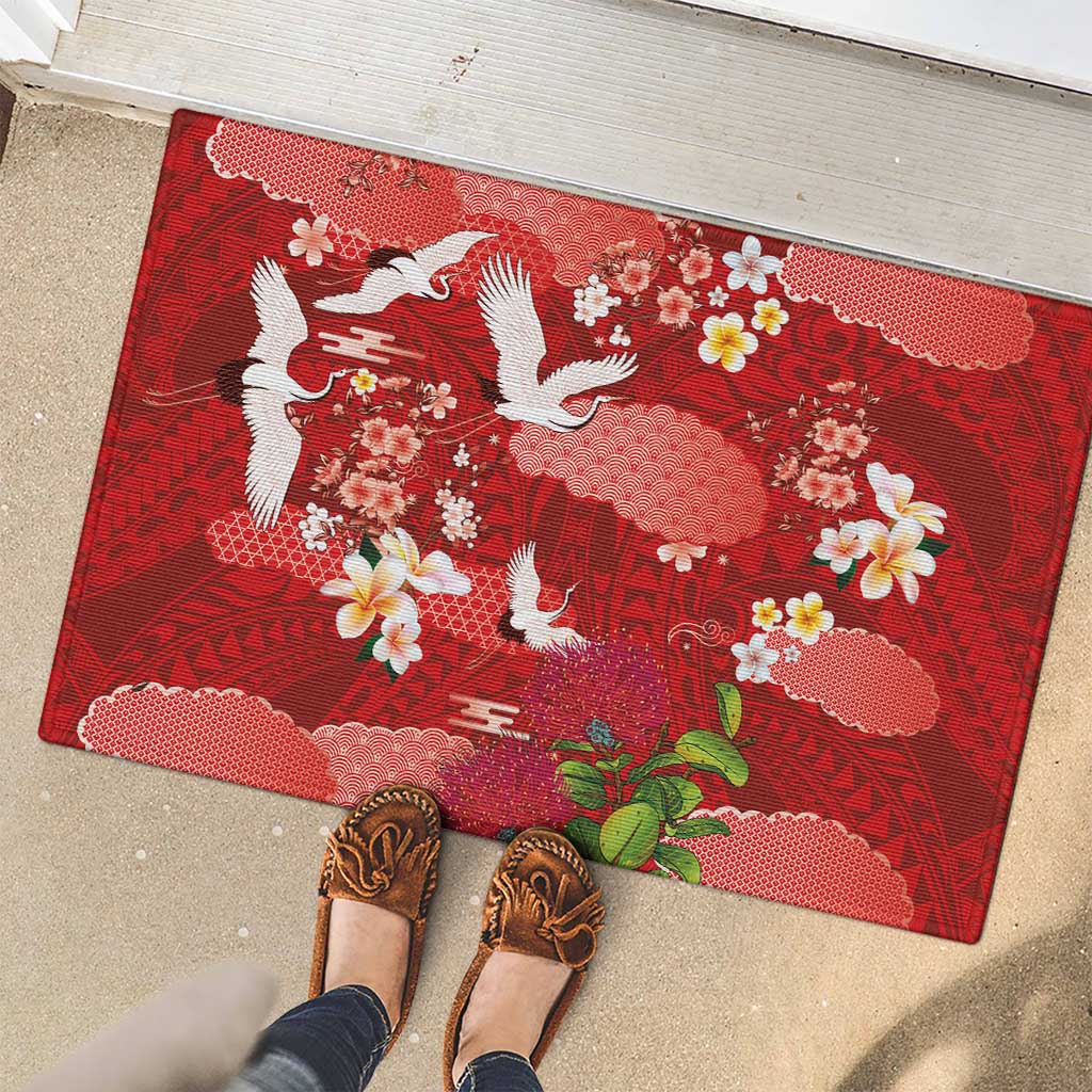 Hawaiian and Japanese Culture Together Rubber Doormat Red Ohia Lehua Plumeria and Sakura Blooming - Polynesian Pride