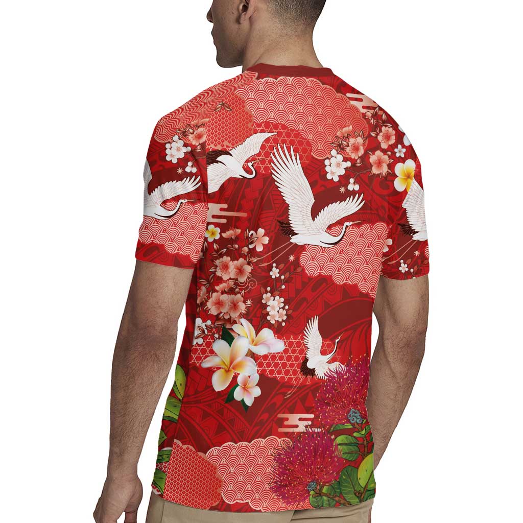 Hawaiian and Japanese Culture Together Rugby Jersey Red Ohia Lehua Plumeria and Sakura Blooming - Polynesian Pride