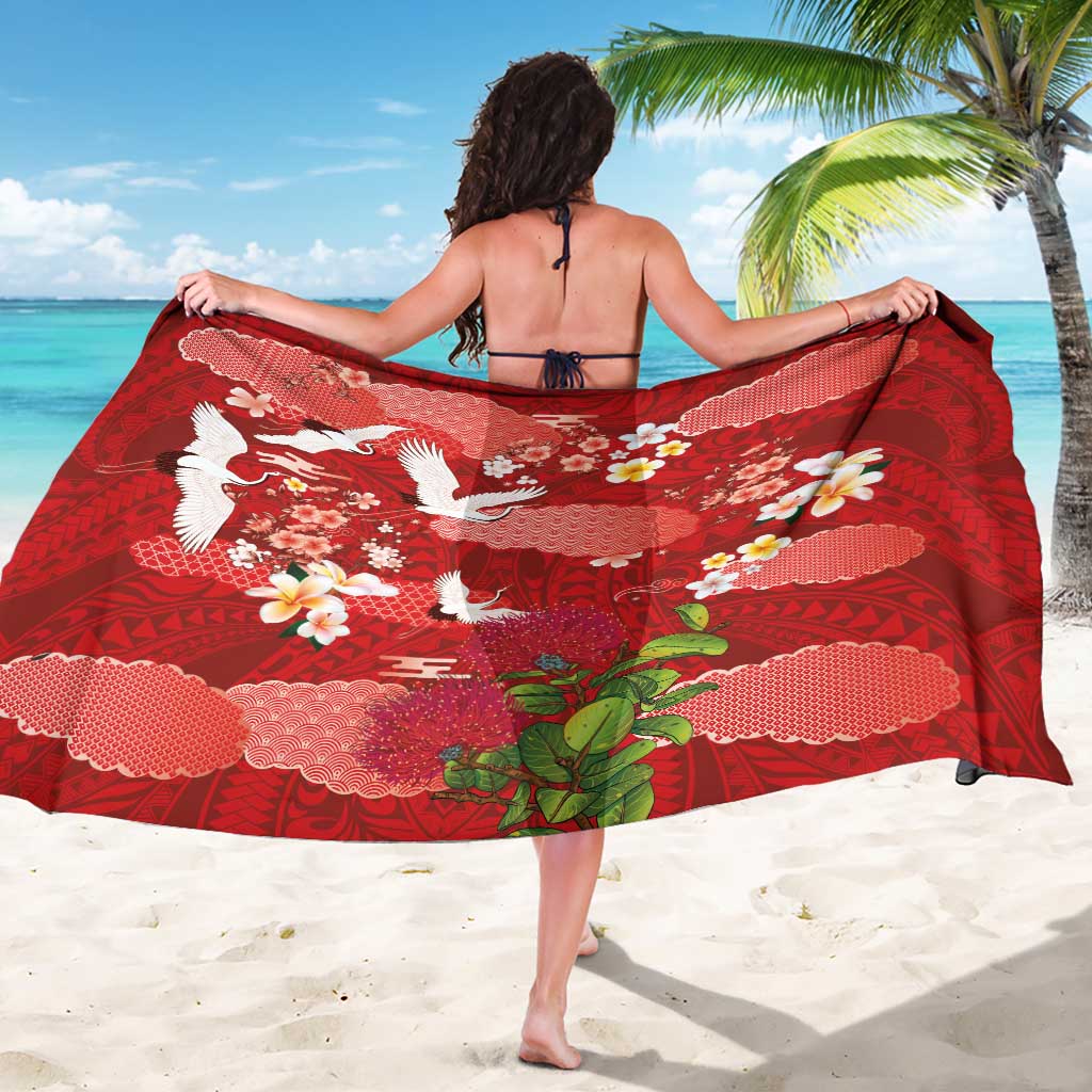Hawaiian and Japanese Culture Together Sarong Red Ohia Lehua Plumeria and Sakura Blooming - Polynesian Pride