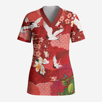 Hawaiian and Japanese Culture Together Scrub Top Red Ohia Lehua Plumeria and Sakura Blooming - Polynesian Pride