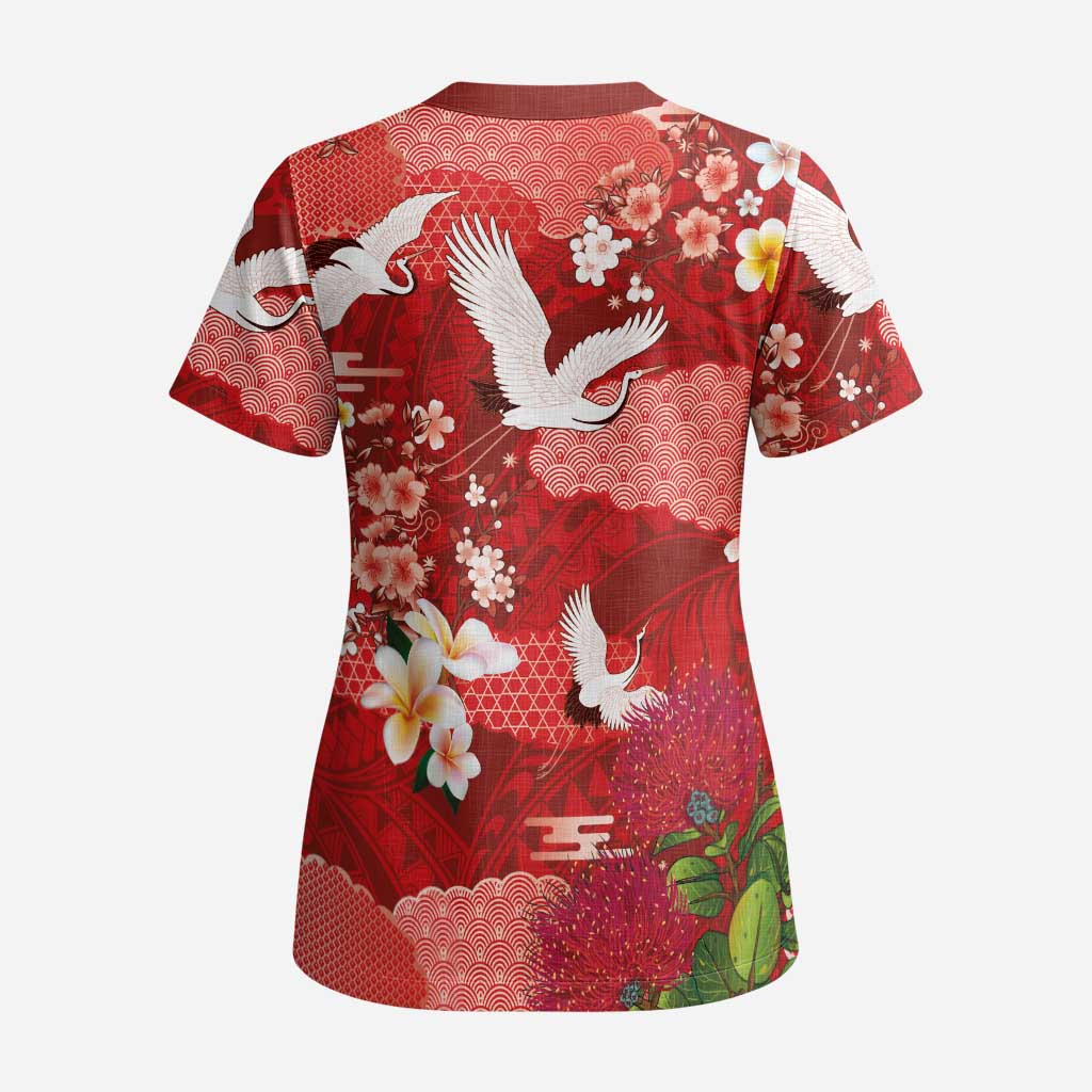 Hawaiian and Japanese Culture Together Scrub Top Red Ohia Lehua Plumeria and Sakura Blooming - Polynesian Pride