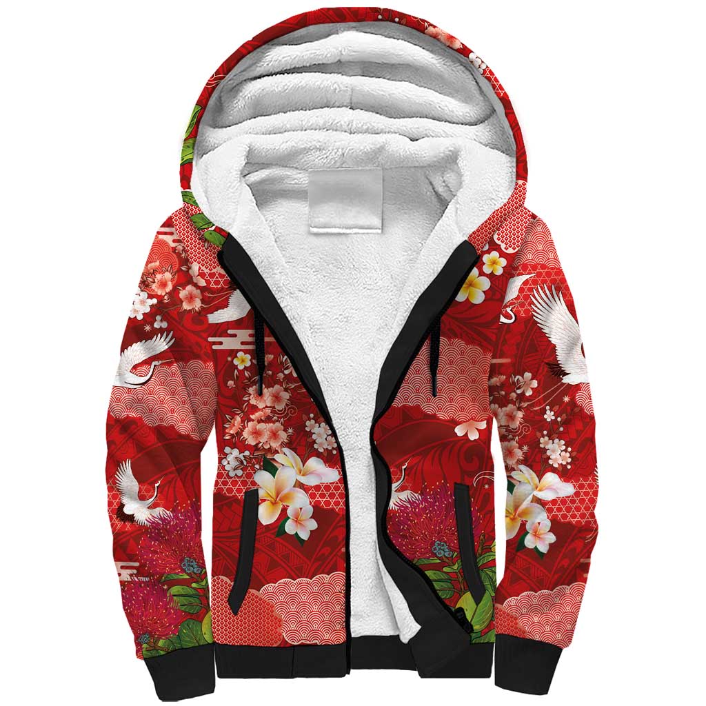 Hawaiian and Japanese Culture Together Sherpa Hoodie Red Ohia Lehua Plumeria and Sakura Blooming - Polynesian Pride