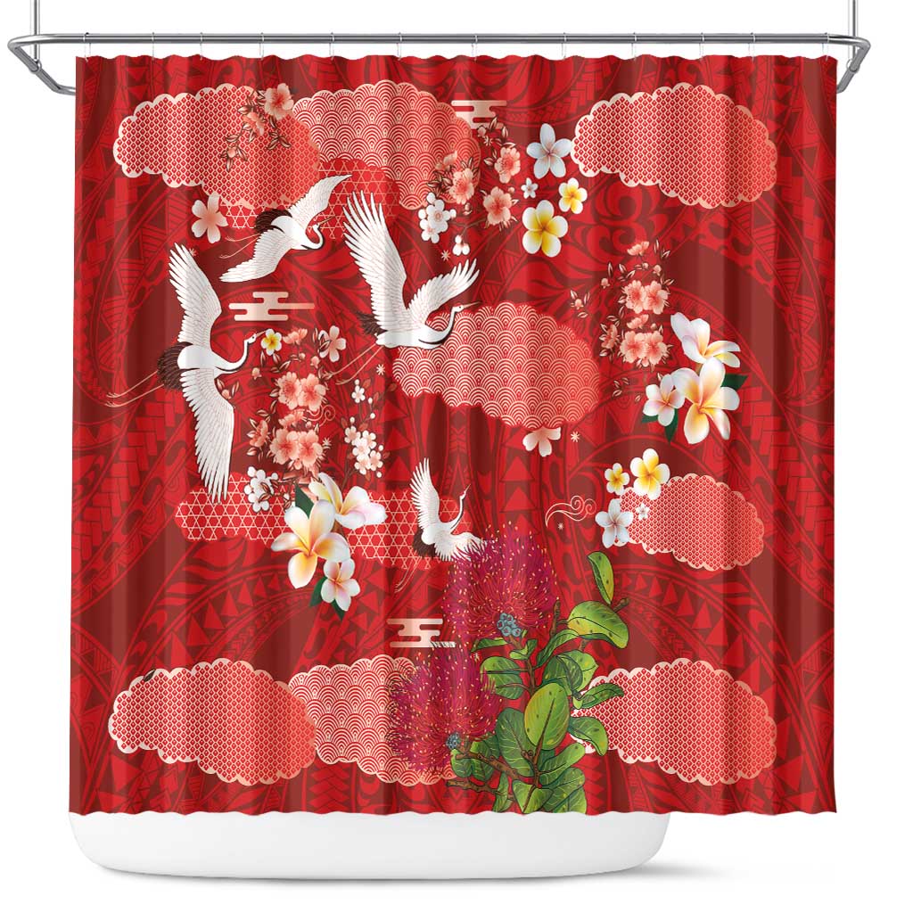 Hawaiian and Japanese Culture Together Shower Curtain Red Ohia Lehua Plumeria and Sakura Blooming - Polynesian Pride